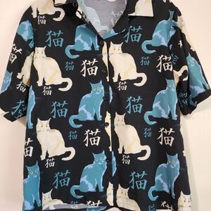 Stylish Cat Print Blouse - Black and Blue